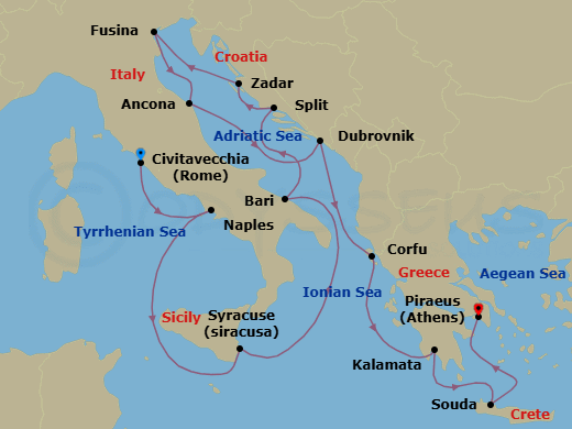 14 Night - Mediterranean & Adriatic Odyssey - Viking Neptune - Starting in Rome (Civitavecchia), Naples, Sicily (Syracuse IT), Sail the Mediterranean Sea, Bari, Split, Zadar, Venice (Fusina), Ancona, Dubrovnik, Croatia, Corfu (Kerkyra), Kalamata, Crete (Souda Bay), Athens (Piraeus) itinerary map