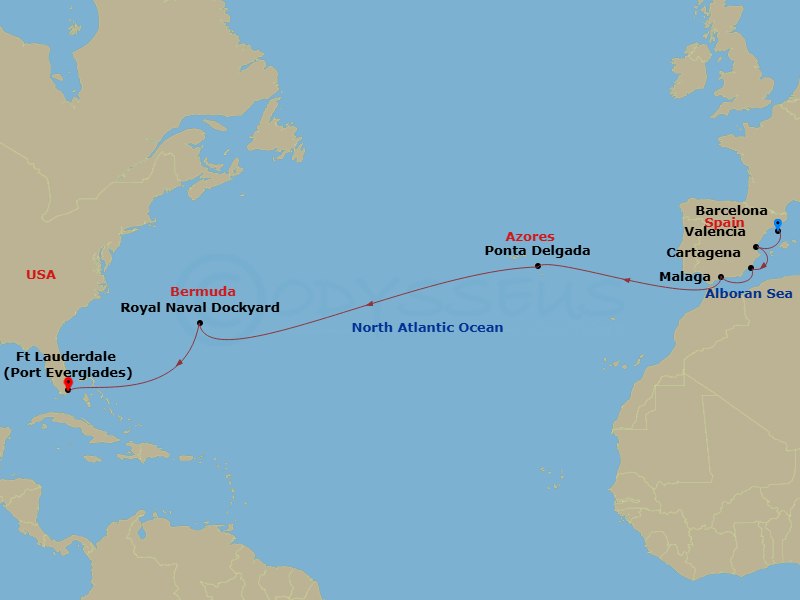 RCL Brilliance of the Seas - 14 Night - Spain & Bermuda Transatlantic - RCL Brilliance of the Seas - Starting in Barcelona, Spain, Valencia, Spain, Cartagena ES, Malaga, Spain, Ponta Delg.. itinerary map