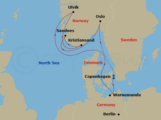 7 Night - Northern Europe - MSC Magnifica - Starting in Copenhagen, Denmark, Warnemunde (Berlin), Germany, Ulvik, Norway, Kristiansand, Norway, Sandnes / Stavanger, Norway, Oslo, Norway, Copenhagen, Denmark itinerary map