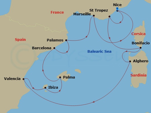 Silver Shadow - 12 Night - Nice to Nice - Silver Shadow - Starting in Nice, Saint Tropez, Bonifacio (Corsica), Alghero, Sardinia, Valencia, Ibiza, Palma De Mallorca, Barcelon.. itinerary map