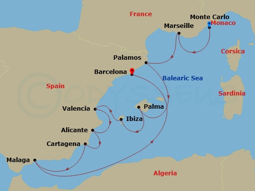 Silver Ray - 11 Night - Monte Carlo to Barcelona - Silver Ray - Starting in Monte Carlo, Marseille, Palamos, Palma De Mallorca, Ibiza, Valencia, Alicante, Cartagena ES, Sp.. itinerary map