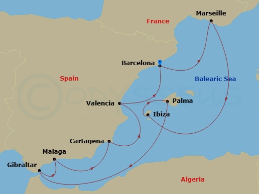Silver Ray - 11 Night - Barcelona to Barcelona - Silver Ray - Starting in Barcelona, Marseille, Ibiza, Palma De Mallorca, Gibraltar, Malaga (Costa del Sol), Cartagena ES,.. itinerary map