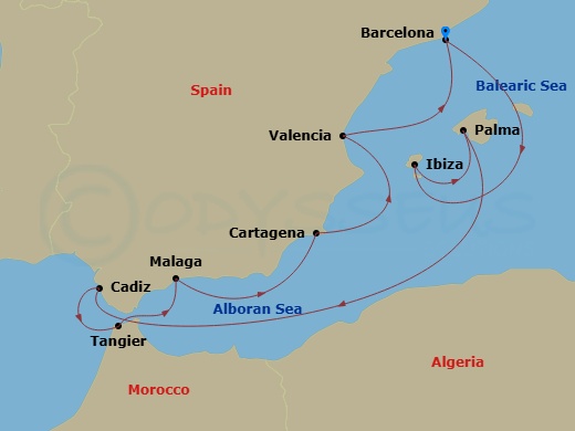 Silver Ray - 11 Night - Barcelona to Barcelona - Silver Ray - Starting in Barcelona, Ibiza, Palma De Mallorca, Cadiz, Tangier, Malaga (Costa del Sol), Cartagena ES, Spain,.. itinerary map