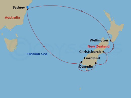 Carnival Splendor - 10 Night - Journeys - New Zealand - Carnival Splendor - Starting in Sydney AU, Wellington, New Zealand, Lyttelton (Christchurch), Nz, Port Chalmers (Dunedin),.. itinerary map