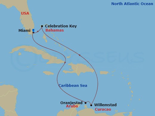 Carnival Horizon - 8 Night - Southern Caribbean - Carnival Horizon - Starting in Miami, Fl, Aruba, Curacao, Celebration Key, the Bahamas, Miami, Fl itinerary map