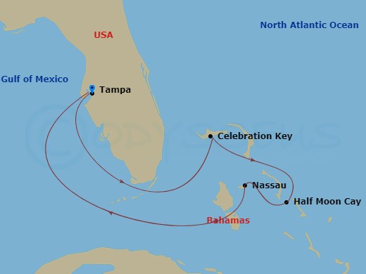 Carnival Legend - 6 Night - Bahamas - Carnival Legend - Starting in Tampa, Fl, Celebration Key, the Bahamas, Ship Meetup, Relaxaway, Half Moon Cay, Ship Meetup, Nassau, Bahamas.. itinerary map