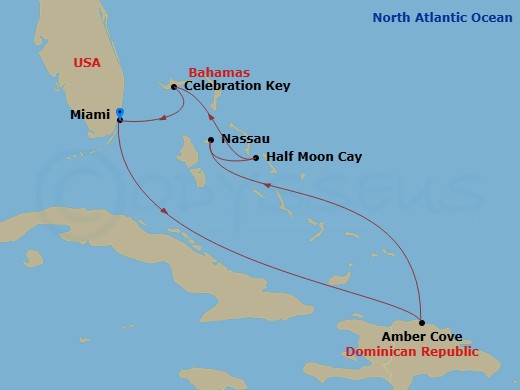 Carnival Celebration - 7 Night - Eastern Caribbean - Carnival Celebration - Starting in Miami, Fl, Amber Cove, Dominican Republic, St Thomas, US Virgin Islands, Celebration Key, the.. itinerary map