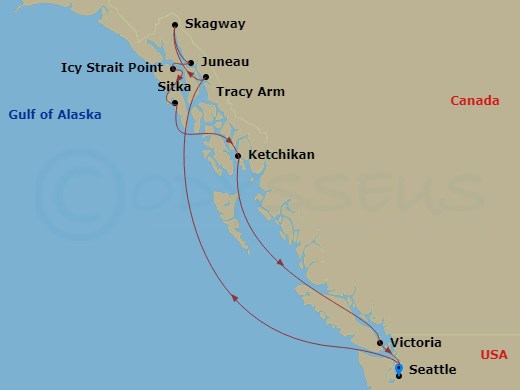 Carnival Miracle - 10 Night - Journeys-Inside Passage & Glacier - Carnival Miracle - Starting in Seattle, Wa, Cruise Tracy Arm Fjord, Skagway, Ak, Juneau, Ak, Icy Strait Point,.. itinerary map