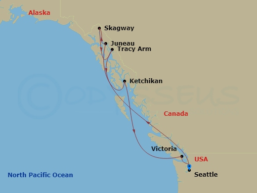 Carnival Spirit - 8 Night - Alaska Inside Passage & Glacier - Carnival Spirit - Starting in Seattle, Wa, Cruise Tracy Arm Fjord, Skagway, Ak, Juneau, Ak, Ketchikan, AK, Victori.. itinerary map
