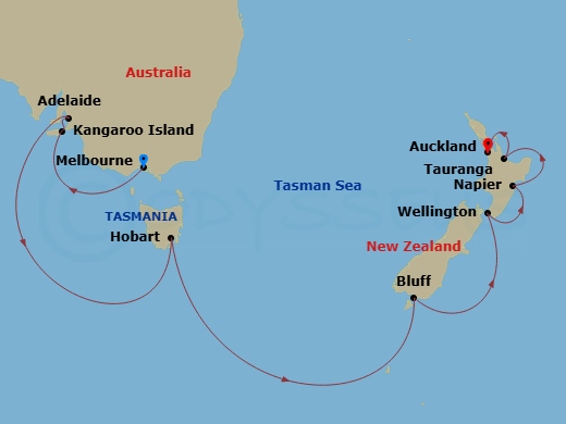 Silver Moon - 16 Night - Melbourne to Auckland - Silver Moon - Starting in Melbourne, Kangaroo Island, Adelaide, Hobart, Tasmania, Bluff, Wellington, Napier, Tauranga, Auck.. itinerary map
