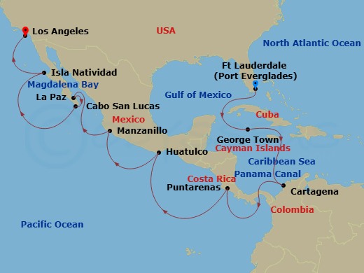 Crystal Serenity - 20 Night - The Americas & Caribbean - Crystal Serenity - Starting in Fort Lauderdale, George Town (Grand Cayman), Cartagena CO, Panama Canal Transit, Puerto C.. itinerary map