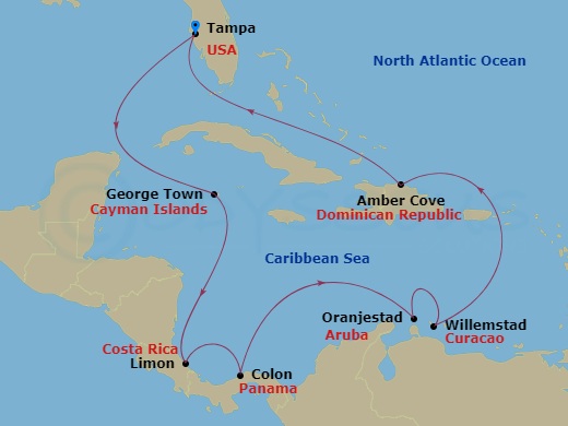 Carnival Miracle - 13 Night - Journeys - Caribbean & Panama - Carnival Miracle - Starting in Tampa, Fl, Grand Cayman, Cayman Islands, Limon, Costa Rica, Colon (Panama Canal), Pa.. itinerary map
