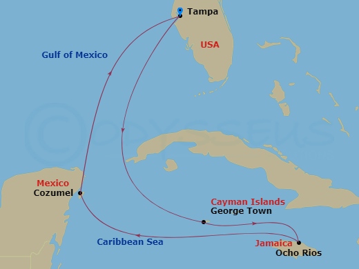 Carnival Miracle - 7 Night - Western Caribbean - Carnival Miracle - Starting in Tampa, Fl, Grand Cayman, Cayman Islands, Ocho Rios, Jamaica, Cozumel, Mexico, Tampa, Fl itinerary map