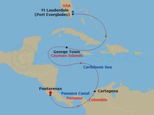 Crystal Serenity - 8 Night - The Americas & Caribbean - Crystal Serenity - Starting in Fort Lauderdale, George Town (Grand Cayman), Cartagena CO, Panama Canal Transit, Puerto Ca.. itinerary map