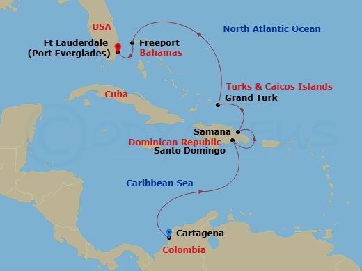 Crystal Serenity - 8 Night - The Americas & Caribbean - Crystal Serenity - Starting in Cartagena CO, Santo Domingo, Samana, Grand Turk, Freeport, Fort Lauderdale itinerary map