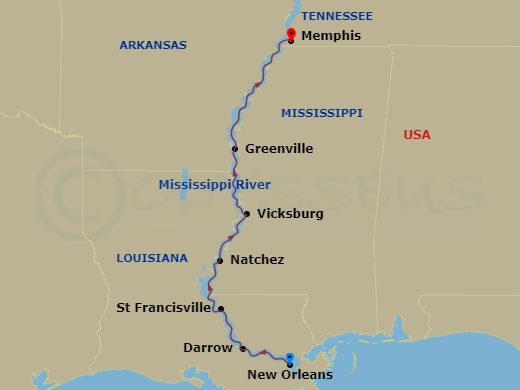 Viking Mississippi - 7 Night - Mississippi Delta Explorer - Viking Mississippi - Starting in New Orleans, Louisiana, Darrow, Louisiana, St Francisville, Louisiana, Natchez, Missis.. itinerary map