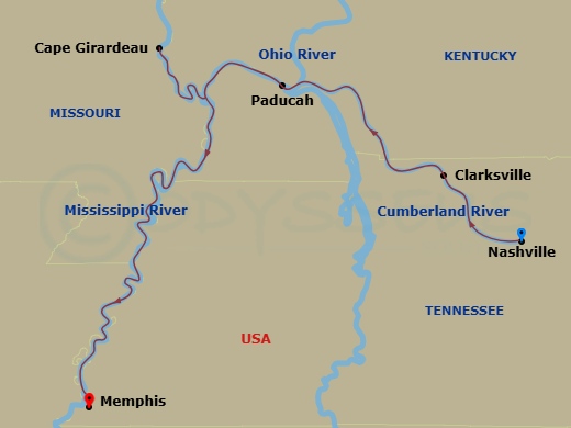 Viking Mississippi - 7 Night - Nashville, Memphis & the Cumberland - Viking Mississippi - Starting in Nashville, Tennessee, Clarksville, Tennessee, Paducah, Kentucky, Cape Girarde.. itinerary map