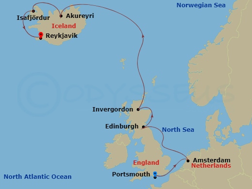 Valiant Lady - 10 Night - English Elegance to Idyllic Iceland - Valiant Lady - Starting in Portsmouth UK, United Kingdom, Amsterdam, Netherlands, Edinburgh, Scotland, United.. itinerary map