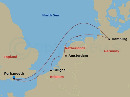 Valiant Lady - 7 Night - Virgin Voyages Comedy Fest from the Uk - Valiant Lady - Starting in Portsmouth UK, United Kingdom, Zeebrugge (Bruges), Belgium, Amsterdam, Netherlan.. itinerary map