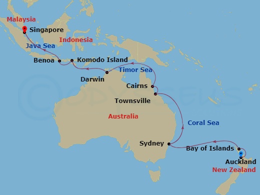 Oceania Riviera - 21 Night - Kiwi & Coral Seascapes - Oceania Riviera - Starting in Auckland, Bay of Islands, Sydney AU, Townsville, Cairns, Darwin, Komodo, Bali (Benoa), Singa.. itinerary map