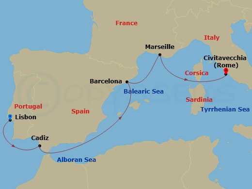 MSC Poesia - 5 Night - Northern Europe - MSC Poesia - Starting in Lisbon (Cascais), Portugal, Cadiz (Seville), Spain, Barcelona, Spain, Marseille (Provence), France, Civit.. itinerary map
