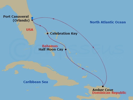 Carnival Festivale - 6 Night - Eastern Caribbean - Carnival Festivale - Starting in Port Canaveral (Orlando), Fl, Celebration Key, the Bahamas, Relaxaway, Half Moon Cay, Amber Cov.. itinerary map