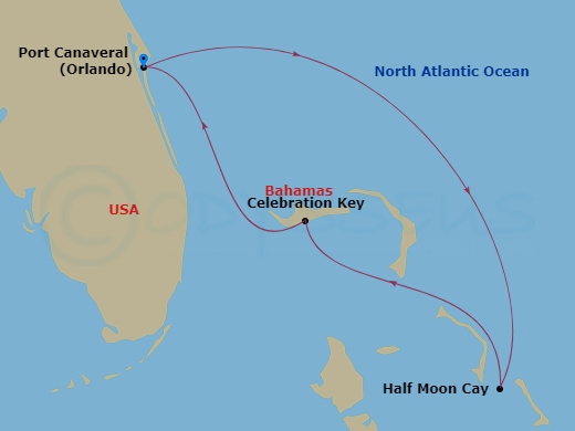 Carnival Mardi Gras - 4 Night - Bahamas - Carnival Mardi Gras - Starting in Port Canaveral (Orlando), Fl, Relaxaway, Half Moon Cay, Celebration Key, the Bahamas, Port Canaveral (Or.. itinerary map