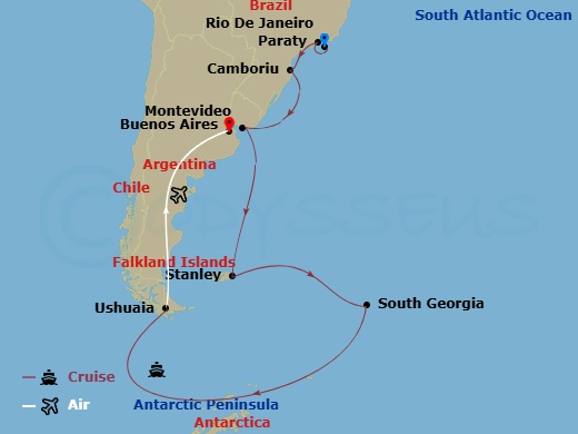 Seabourn Venture Cruise Tours - 25 Night - Scotia Arc : Antarctica, Falkla - Tour N23 - Seabourn Venture Cruise Tours - Starting in Rio De Janeiro, Brazil, Camboriu, Brazil, Montevideo, Urug.. itinerary map