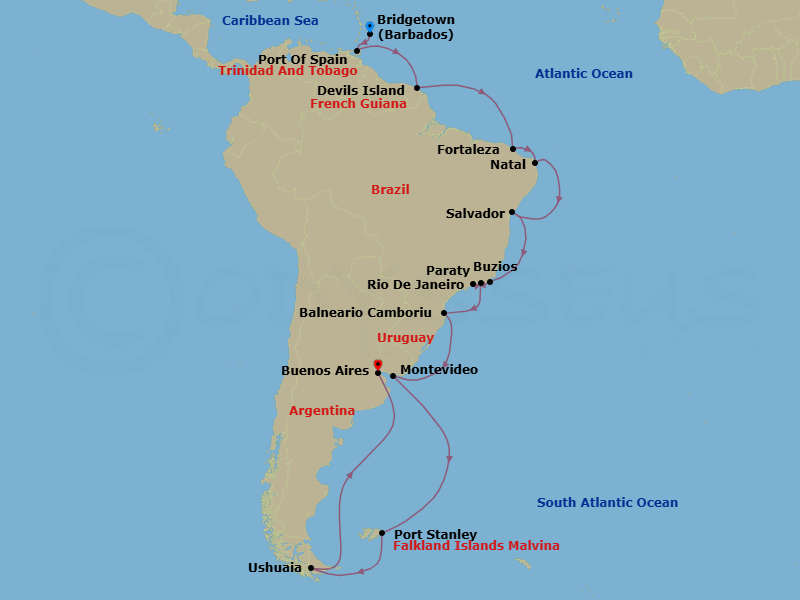 41 Night - South America & Scotia Arc Exp - Tour N22 - Seabourn Venture Tours - Starting in Bridgetown, Barbados, Port-of-Spain, Trinidad and Tobago, Devils Island, French Guiana, Crossing the Equator, Fortaleza, Brazil, Natal, Brazil, Salvador da Bahia, Brazil, Armacao dos Buzios, Brazil, Parati, Brazil, Rio De Janeiro, Brazil, Camboriu, Brazil, Montevideo, Uruguay, The Falkland Islands, Port Stanley, Falkland Islands, South Georgia, Antarctica, Ushuaia, Argentina, Buenos Aires itinerary map