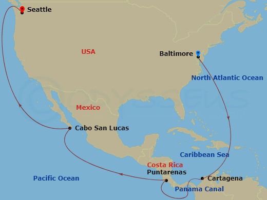 Carnival Spirit - 16 Night - Journeys - Panama Canal - Carnival Spirit - Starting in Mobile, Al, Cartagena CO, Panama Canal Transit, Puntarenas, Costa Rica, Cabo San Lucas, Mex.. itinerary map