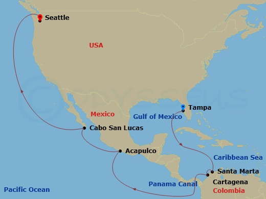 Carnival Legend - 16 Night - Journeys - Panama Canal - Carnival Legend - Starting in Tampa, Fl, Santa Marta, Colombia, Cartagena CO, Panama Canal Transit, Acapulco, Mexico, Cab.. itinerary map