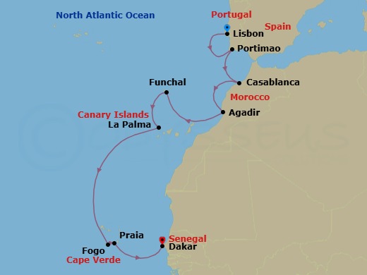 14 Night - Roots of the Atlantic : Portugal, Morocco and the Canary Islands - National Geographic Endurance - Starting in Lisbon, Portugal / Embark Ship, Portimao, Casablanca, Morocco, Agadir / At Sea, Funchal, Madeira, Portugal, La Palma, Canary Islands, Spain, Fogo, Cape Verde, Praia, At Sea / Dakar, Senegal, Dakar / Disembark Ship itinerary map