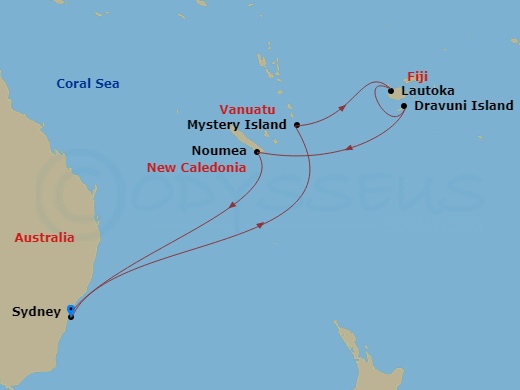 Carnival Adventure - 12 Night - Fiji & South Pacific - Carnival Adventure - Starting in Sydney AU, Mystery Island, Vanuatu, Lautoka, Fiji, Dravuni Island, Fiji, Noumea, New Caledo.. itinerary map