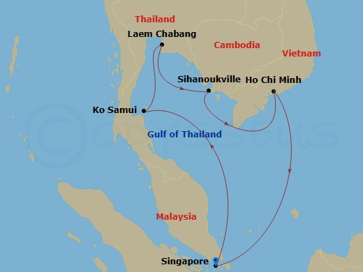 Carnival Adventure - 9 Night - Journeys - Southeast Asia - Carnival Adventure - Starting in Singapore, Koh Samui, Thailand, Laem Chabang (Bangkok), Th, Sihanoukville, Cambodia, Ph.. itinerary map