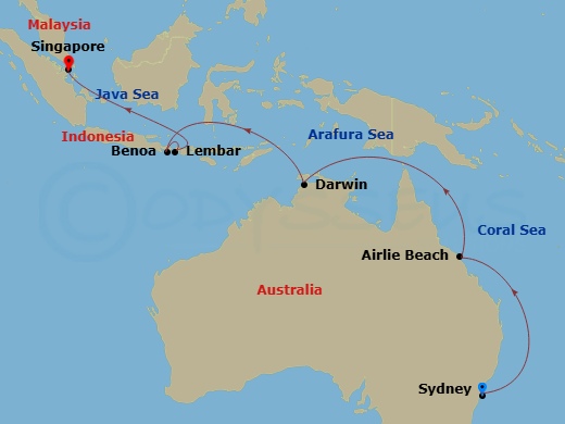 Carnival Adventure - 14 Night - Journeys - Southeast Asia - Carnival Adventure - Starting in Sydney AU (White Bay), Australia, Airlie Beach, Australia, Darwin, Australia, Benoa (D.. itinerary map