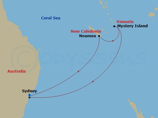 Carnival Adventure - 8 Night - Vanuatu & New Caledonia - Carnival Adventure - Starting in Sydney AU, Noumea, New Caledonia, Mystery Island, Vanuatu, Sydney AU itinerary map
