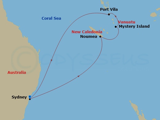 Carnival Adventure - 9 Night - Vanuatu & New Caledonia - Carnival Adventure - Starting in Sydney AU, Noumea, New Caledonia, Mystery Island, Vanuatu, Vila, Vanuatu, Sydney AU (Whit.. itinerary map