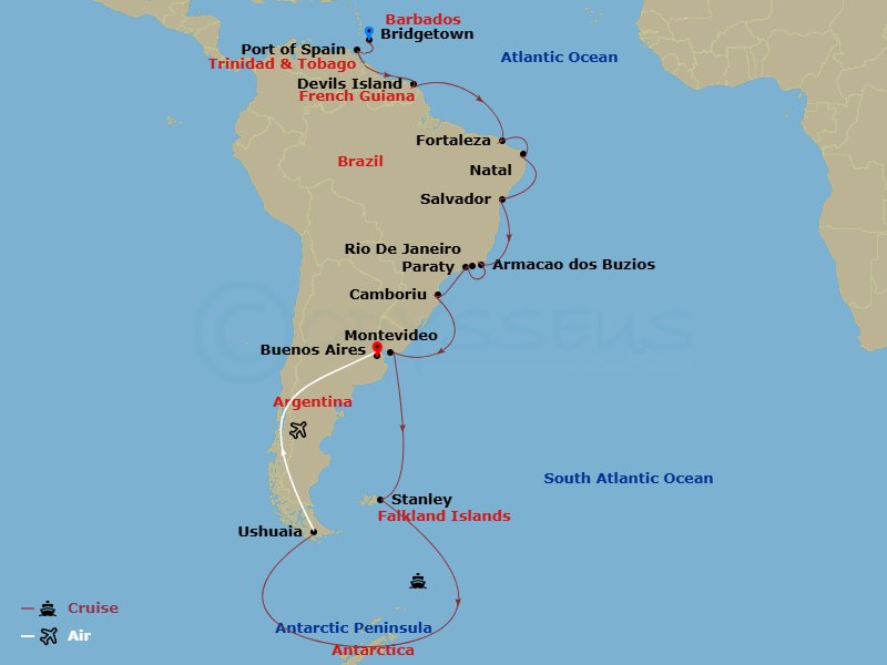 Seabourn Venture Cruise Tours - 37 Night - Brazil Coast, Falklands, South - Tour N06 - Seabourn Venture Cruise Tours - Starting in Bridgetown, Barbados, Port-of-Spain, Trinidad and Tobago, D.. itinerary map