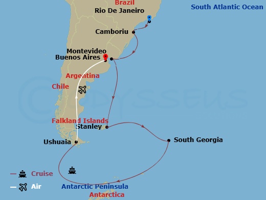 Seabourn Venture Cruise Tours - 21 Night - Brazil, Falklands, South Georg - Tour N07 - Seabourn Venture Cruise Tours - Starting in Rio De Janeiro, Brazil, Camboriu, Brazil, Montevideo, Urugu.. itinerary map