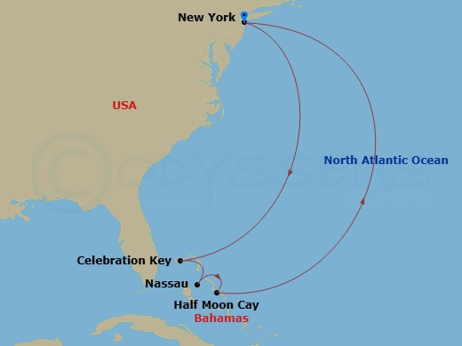 Carnival Venezia - 8 Night - Bahamas - Carnival Venezia - Starting in Manhattan, New York City, Celebration Key, the Bahamas, Ship Meetup, Nassau, Bahamas, Relaxaway, Half Moon.. itinerary map