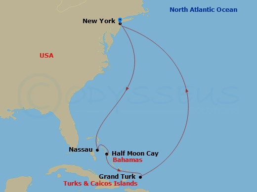 Carnival Venezia - 8 Night - Eastern Caribbean - Carnival Venezia - Starting in Manhattan, New York City, Nassau, Bahamas, Relaxaway, Half Moon Cay, Grand Turk, Manhattan, New Y.. itinerary map