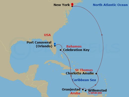 Carnival Venezia - 11 Night - Journeys - Southern Caribbean - Carnival Venezia - Starting in Port Canaveral (Orlando), Fl, Celebration Key, the Bahamas, Aruba, Curacao, St Thoma.. itinerary map