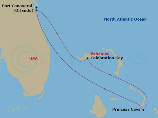 Carnival Glory - 4 Night - Bahamas - Carnival Glory - Starting in Port Canaveral (Orlando), Fl, Princess Cays, the Bahamas, Celebration Key, the Bahamas, Port Canaveral (Orlan.. itinerary map