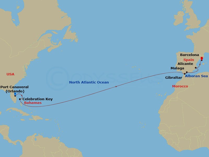 Carnival Freedom - 14 Night - Journeys - Transatlantic - Carnival Freedom - Starting in Port Canaveral (Orlando), Fl, Celebration Key, the Bahamas, Gibraltar, Malaga, Spain, Ali.. itinerary map