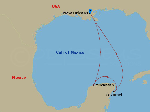 Carnival Valor - 5 Night - Western Caribbean - Carnival Valor - Starting in New Orleans, La, Cozumel, Mexico, Progreso, Yucatan, Mexico, New Orleans, La itinerary map