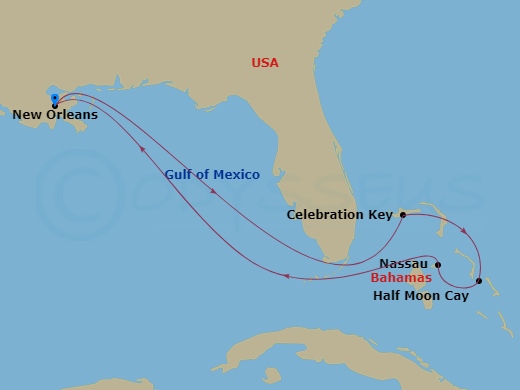 Carnival Liberty - 8 Night - Bahamas - Carnival Liberty - Starting in New Orleans, La, Celebration Key, the Bahamas, Relaxaway, Half Moon Cay, Nassau, Bahamas, New Orleans, La itinerary map