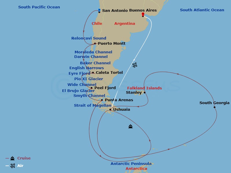 Seabourn Pursuit Cruise Tours - 38 Night - Chilean Fjords, Antarctica, So - Tour N05 - Seabourn Pursuit Cruise Tours - Starting in San Antonio CL (Santiago), Chile, Scenic Cruising Reloncavi.. itinerary map