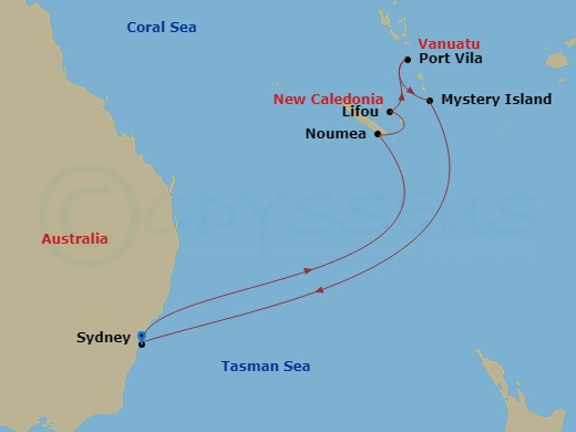 Carnival Splendor - 10 Night - Vanuatu & New Caledonia - Carnival Splendor - Starting in Sydney AU, Noumea, New Caledonia, Lifou, New Caledonia, Vila, Vanuatu, Mystery Island, Va.. itinerary map