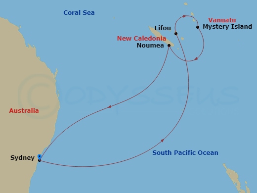 Carnival Splendor - 9 Night - Vanuatu & New Caledonia - Carnival Splendor - Starting in Sydney AU, Lifou, New Caledonia, Mystery Island, Vanuatu, Noumea, New Caledonia, Sydney AU itinerary map