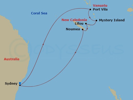 Carnival Splendor - 10 Night - Vanuatu & New Caledonia - Carnival Splendor - Starting in Sydney AU, Vila, Vanuatu, Mystery Island, Vanuatu, Lifou, New Caledonia, Noumea, New Cale.. itinerary map